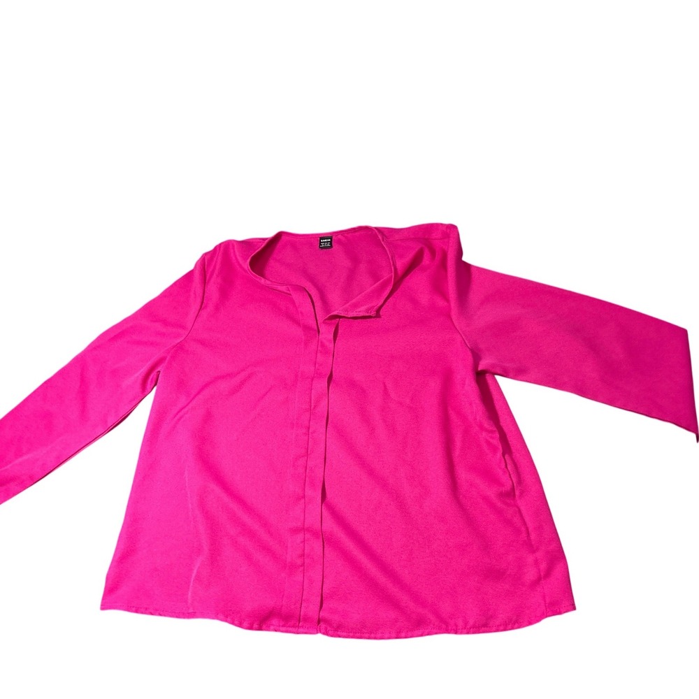 Shein Hot Pink Long Sleeve Notch Neck Hidden Button Blouse XL Magenta Crepe Top